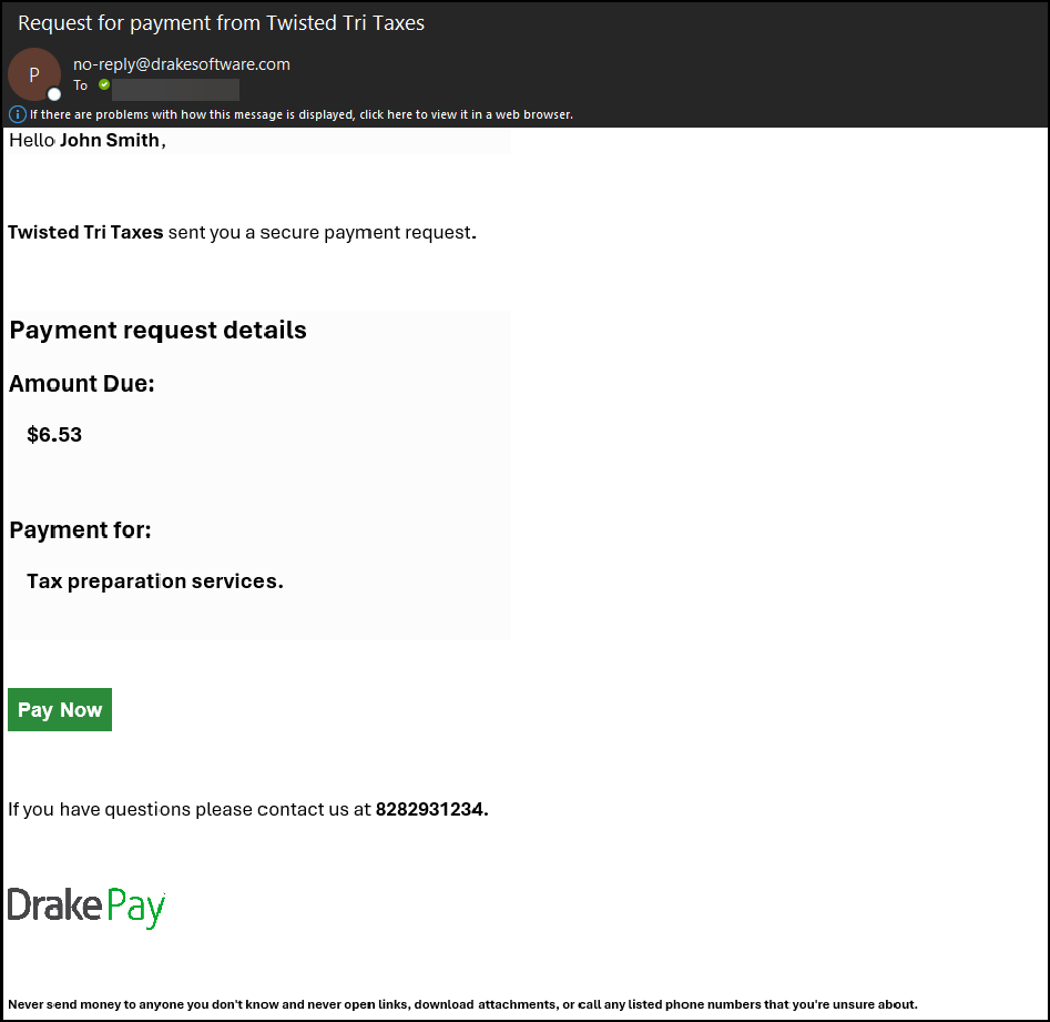 An example Request Payment email